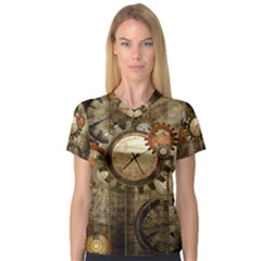 Wonderful Steampunk Design With Clocks And Gears Women s V-Neck Sport Mesh Tee