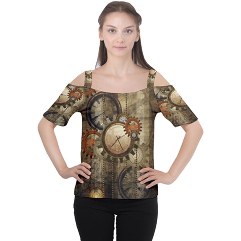 Wonderful Steampunk Design With Clocks And Gears Women s Cutout Shoulder Tee by FantasyWorld7