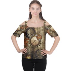 Wonderful Steampunk Design With Clocks And Gears Women s Cutout Shoulder Tee