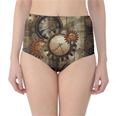 Wonderful Steampunk Design With Clocks And Gears High-Waist Bikini Bottoms