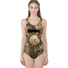 Wonderful Steampunk Design With Clocks And Gears One Piece Swimsuit