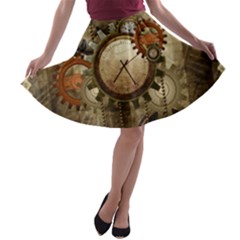 Wonderful Steampunk Design With Clocks And Gears A-line Skater Skirt