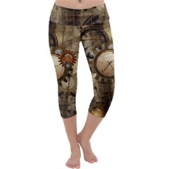 Wonderful Steampunk Design With Clocks And Gears Capri Yoga Leggings