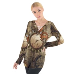 Wonderful Steampunk Design With Clocks And Gears Women s Tie Up Tee