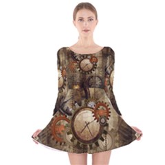 Wonderful Steampunk Design With Clocks And Gears Long Sleeve Velvet Skater Dress