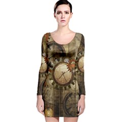 Wonderful Steampunk Design With Clocks And Gears Long Sleeve Velvet Bodycon Dress