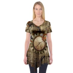 Wonderful Steampunk Design With Clocks And Gears Short Sleeve Tunic 