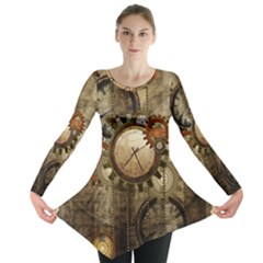 Wonderful Steampunk Design With Clocks And Gears Long Sleeve Tunic 