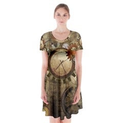 Wonderful Steampunk Design With Clocks And Gears Short Sleeve V-neck Flare Dress