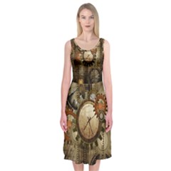 Wonderful Steampunk Design With Clocks And Gears Midi Sleeveless Dress