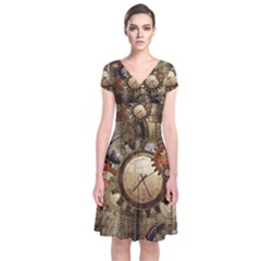 Wonderful Steampunk Design With Clocks And Gears Short Sleeve Front Wrap Dress