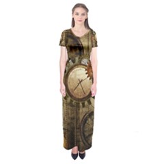 Wonderful Steampunk Design With Clocks And Gears Short Sleeve Maxi Dress