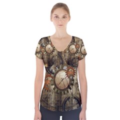 Wonderful Steampunk Design With Clocks And Gears Short Sleeve Front Detail Top