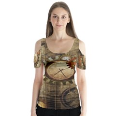 Wonderful Steampunk Design With Clocks And Gears Butterfly Sleeve Cutout Tee 