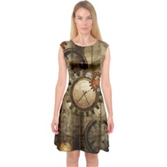 Wonderful Steampunk Design With Clocks And Gears Capsleeve Midi Dress