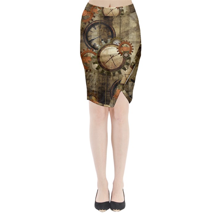 Wonderful Steampunk Design With Clocks And Gears Midi Wrap Pencil Skirt