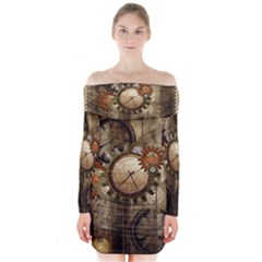 Wonderful Steampunk Design With Clocks And Gears Long Sleeve Off Shoulder Dress