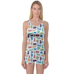 Blue Colorful Cats Silhouettes Pattern One Piece Boyleg Swimsuit