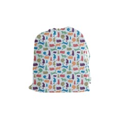 Blue Colorful Cats Silhouettes Pattern Drawstring Pouches (medium)  by Contest580383