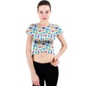 Blue Colorful Cats Silhouettes Pattern Crew Neck Crop Top View1