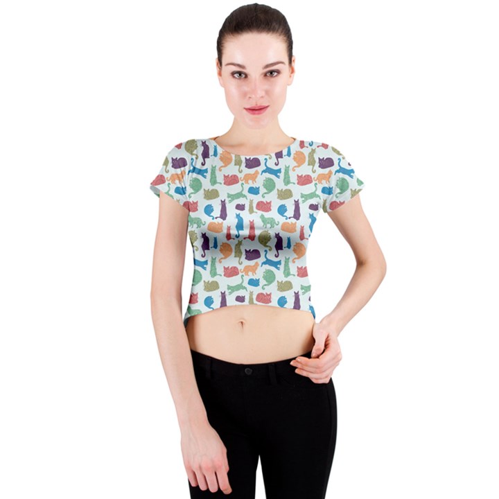 Blue Colorful Cats Silhouettes Pattern Crew Neck Crop Top