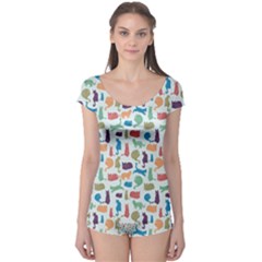 Blue Colorful Cats Silhouettes Pattern Boyleg Leotard 