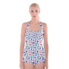 Blue Colorful Cats Silhouettes Pattern Boyleg Halter Swimsuit 