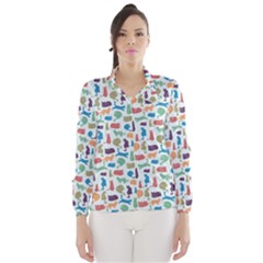 Blue Colorful Cats Silhouettes Pattern Wind Breaker (women)