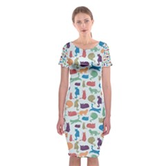 Blue Colorful Cats Silhouettes Pattern Classic Short Sleeve Midi Dress