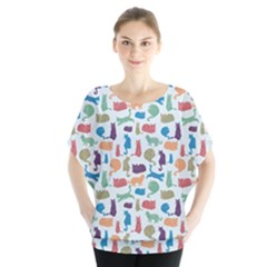 Blue Colorful Cats Silhouettes Pattern Blouse