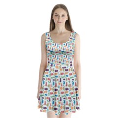 Blue Colorful Cats Silhouettes Pattern Split Back Mini Dress 