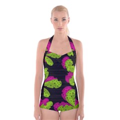 Decorative Leafs  Boyleg Halter Swimsuit 