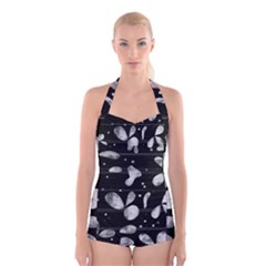 Black And White Floral Abstraction Boyleg Halter Swimsuit 