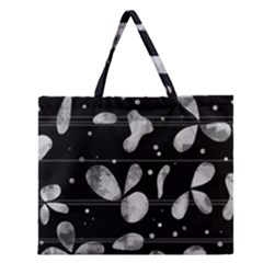 Black And White Floral Abstraction Zipper Large Tote Bag by Valentinaart