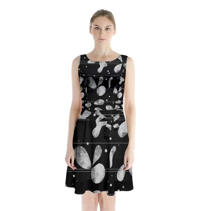 Black and white floral abstraction Sleeveless Chiffon Waist Tie Dress