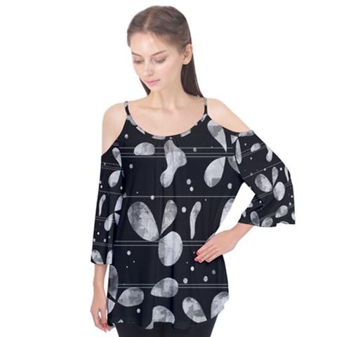 Black And White Floral Abstraction Flutter Tees by Valentinaart