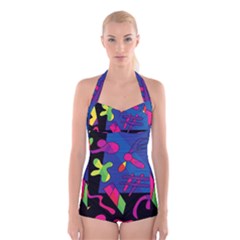 Colorful Shapes Boyleg Halter Swimsuit 