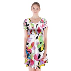 Colorful Pother Short Sleeve V-neck Flare Dress