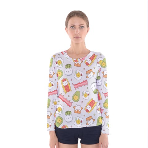 Funny Cat Food Succulent Pattern  Women s Long Sleeve Tee by kostolom3000shop