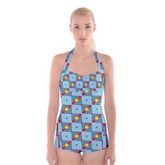 Shapes In Squares Pattern                       Boyleg Halter Swimsuit