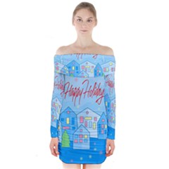 Xmas Landscape - Happy Holidays Long Sleeve Off Shoulder Dress by Valentinaart