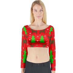 Reindeer And Xmas Trees Pattern Long Sleeve Crop Top by Valentinaart