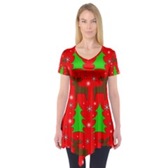 Reindeer And Xmas Trees Pattern Short Sleeve Tunic  by Valentinaart