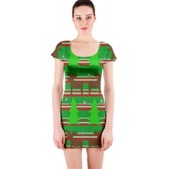 Christmas Trees And Reindeer Pattern Short Sleeve Bodycon Dress by Valentinaart