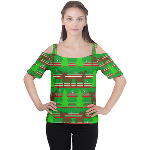 Christmas Trees And Reindeer Pattern Women s Cutout Shoulder Tee by Valentinaart