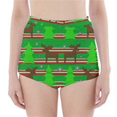 Christmas Trees And Reindeer Pattern High-waisted Bikini Bottoms by Valentinaart