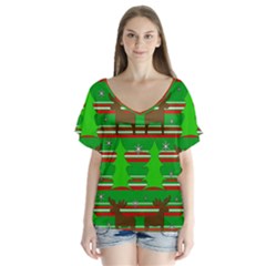 Christmas Trees And Reindeer Pattern Flutter Sleeve Top