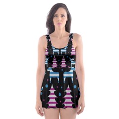 Blue And Pink Reindeer Pattern Skater Dress Swimsuit by Valentinaart