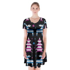 Blue And Pink Reindeer Pattern Short Sleeve V-neck Flare Dress by Valentinaart