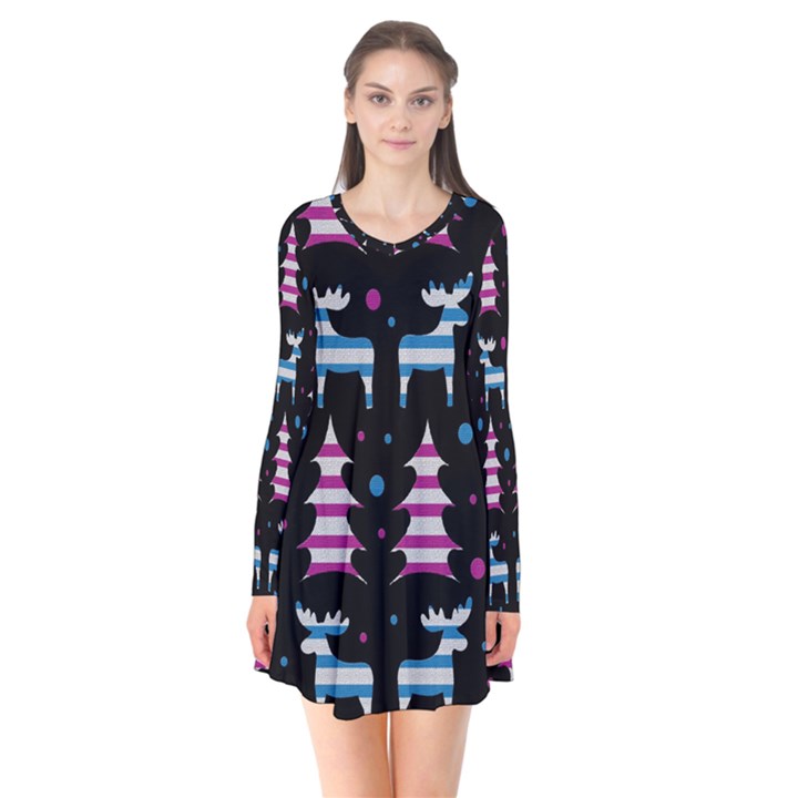 Blue and pink reindeer pattern Flare Dress